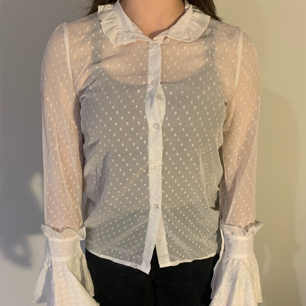 SHEER WHITE POLKA DOT BUTTON DOWN BLOUSE